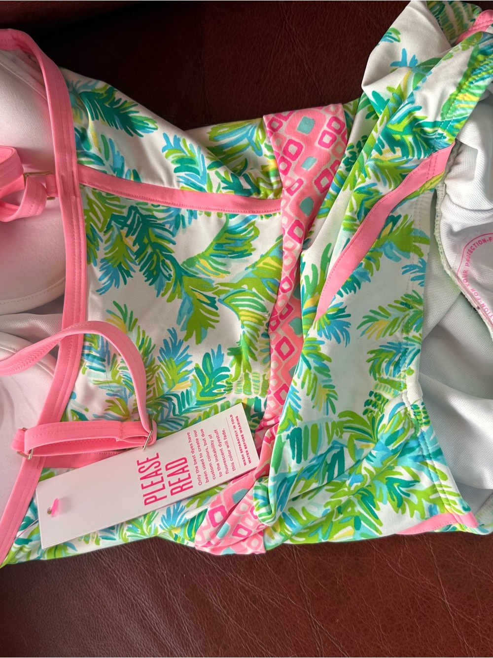 Lilly Pulitzer Tropical Palm Print One-Piece in Pink, Green & Aqua - Picture 3 of 4